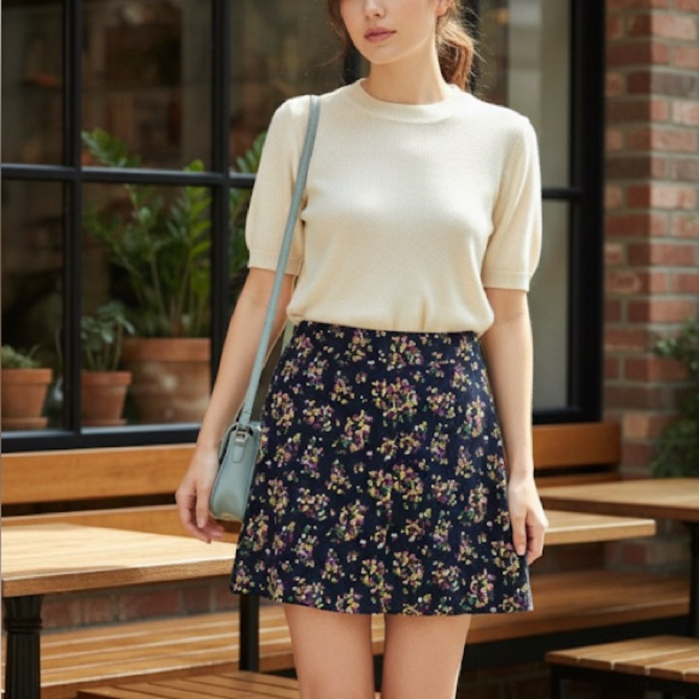 HOBBS London Navy Floral Corduroy Skirt